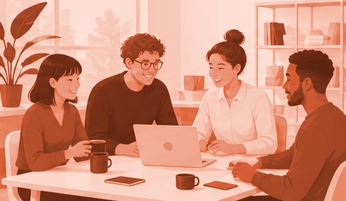 明るい職場で社員が協力して仕事をする場面
